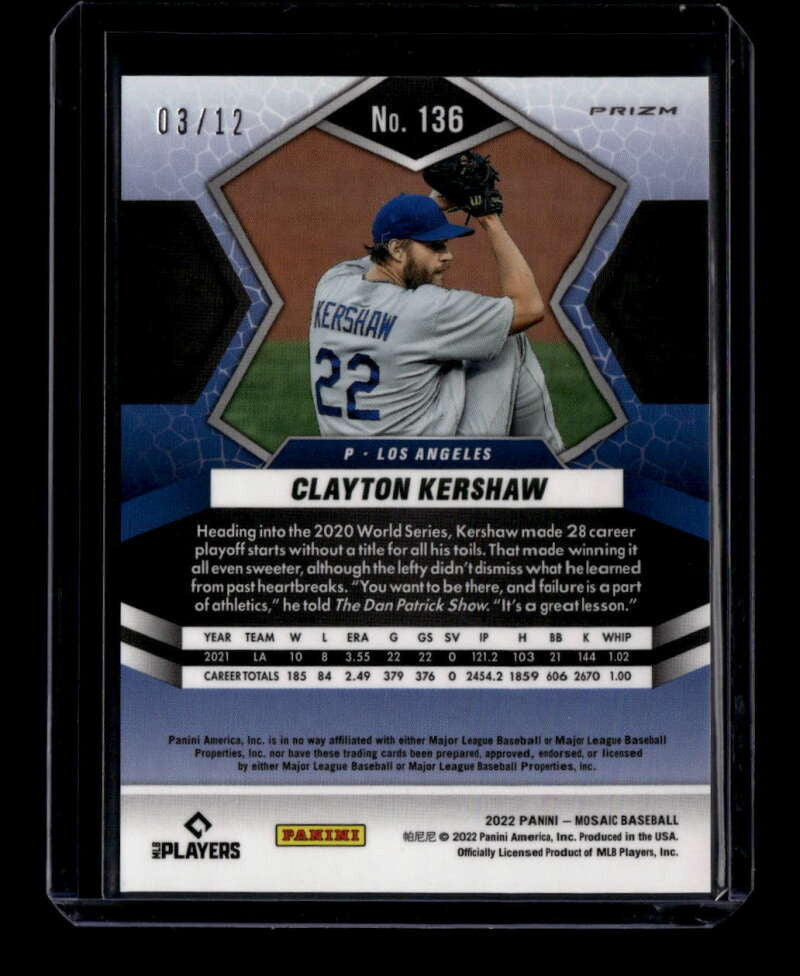 2022 Panini Mosaic Mosaic Pink Swirl Refractor 136 Clayton Kershaw 3/12