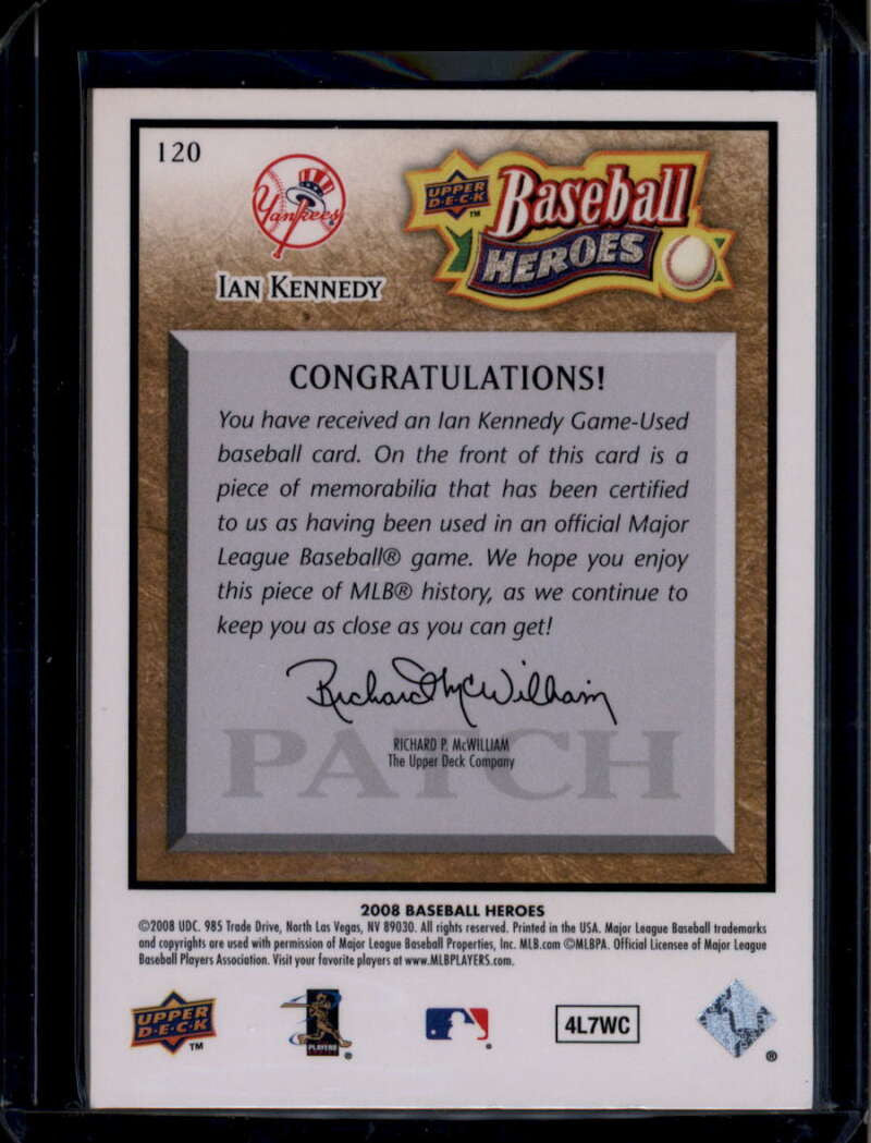 2008 Upper Deck Heroes Patch Beige 120 Ian Kennedy Rookie Patch 6/10