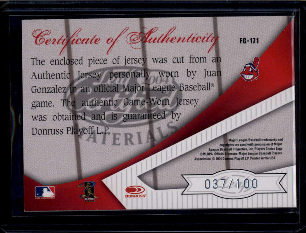 2004 Leaf Certified Materials Fabric of Game AL/NL Juan Gonzalez Jersey 37/100
