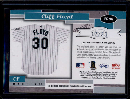 2002 Leaf Certified Fabric of the Game Number 96jn Cliff Floyd Jersey 17/30