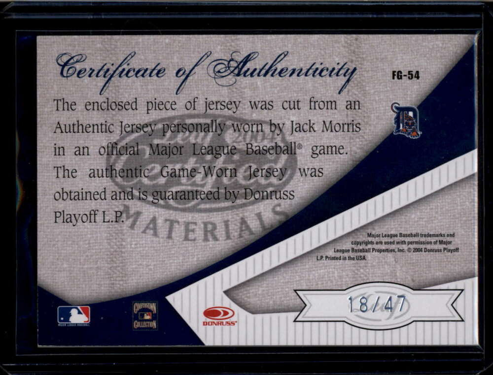 2004 Leaf Certified Materials Fabric of the Game Number Jack Morris Jersey 18/47