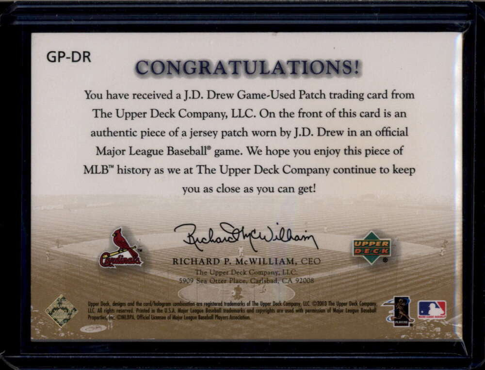 2003 Upper Deck Game Face Patch DR J. D. Drew Home Patch 54/100