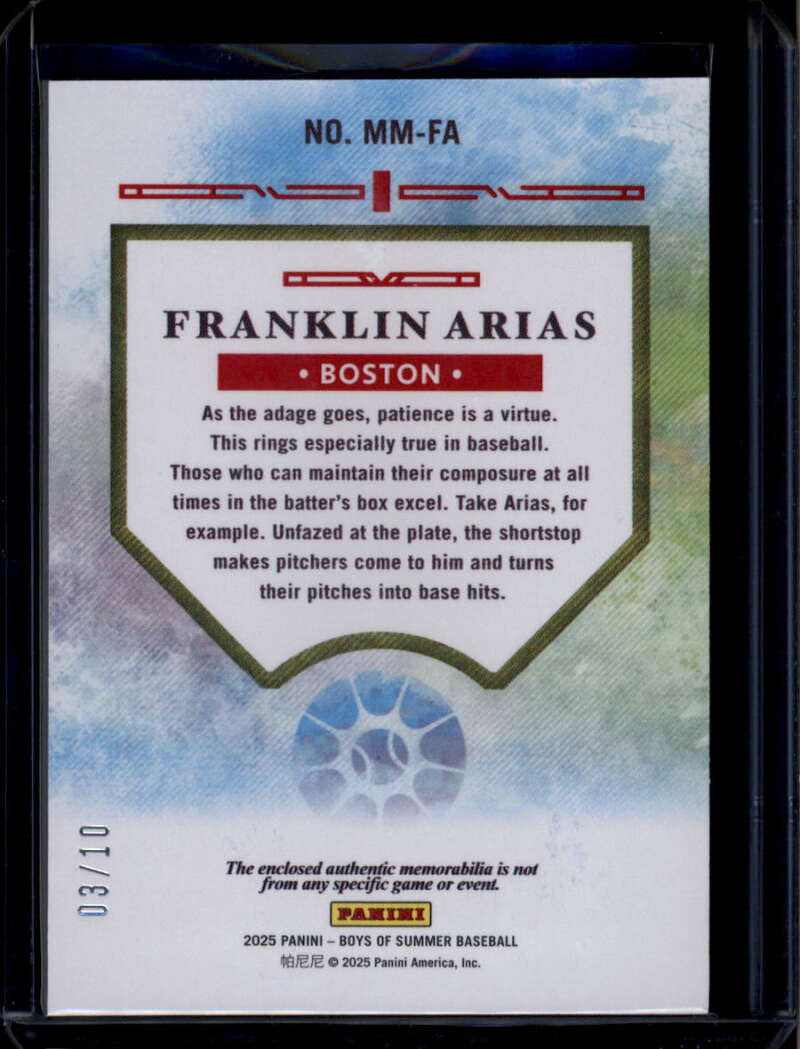DELETE 175444 2025 Panini Boys of Summer Massive Materials Franklin Arias RC Jumbo Patch 3/10