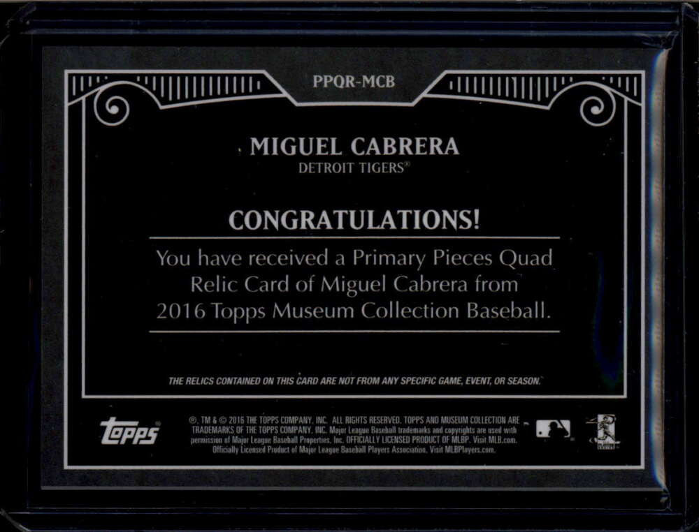 2016 Topps Museum Primary Pieces Relics Miguel Cabrera Quad Jersey Patch 19/75