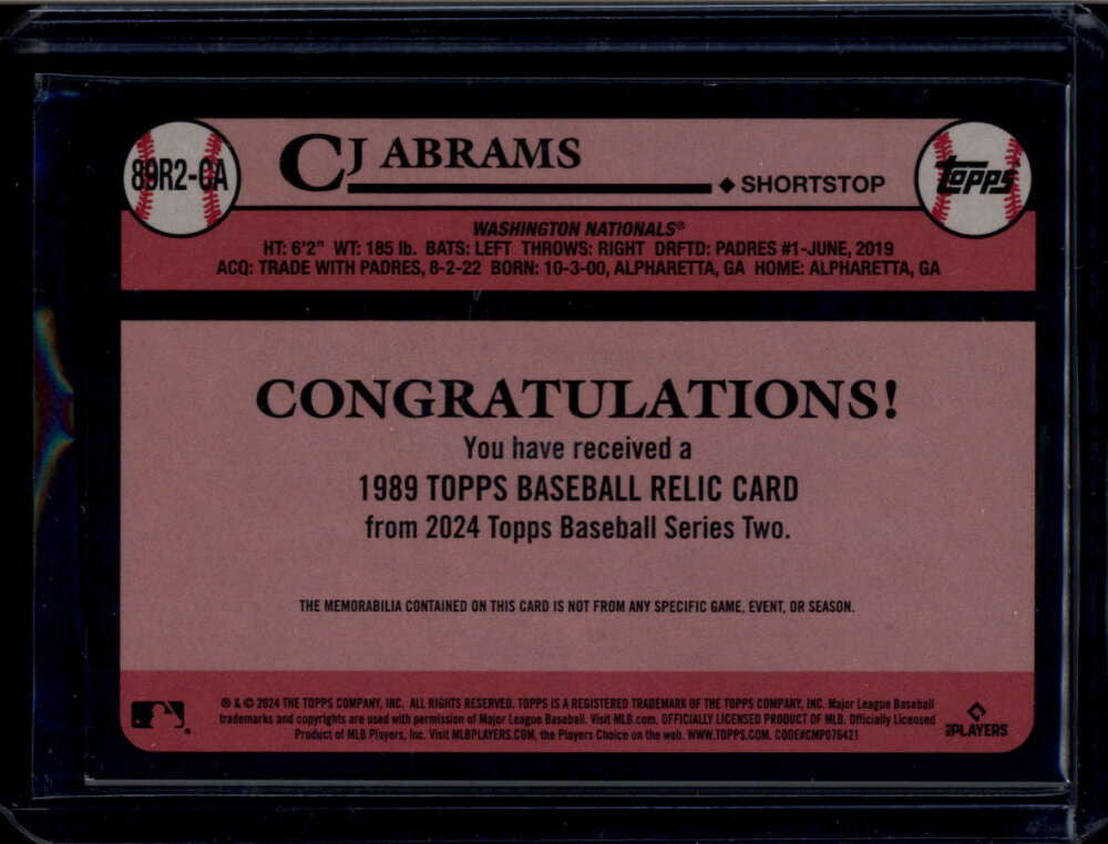 DELETE 175450 2024 Topps '89 Topps Relics Red 89r2ca CJ Abrams Patch 9/25