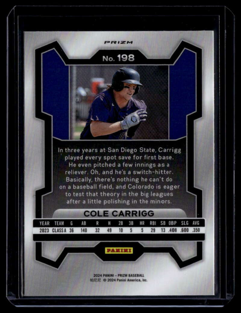 2024 Panini Prizm Prizms White Sparkle Refractor 198 Cole Carrigg Rookie