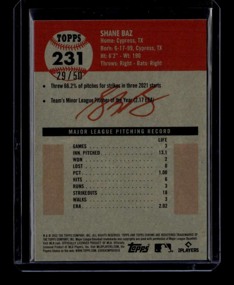 2022 Topps Chrome Platinum Anniversary Gold Wave Refractor 231 Shane Baz RC /50