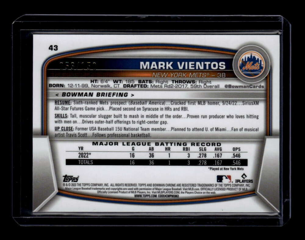 2023 Bowman Chrome Blue Refractor 43 Mark Vientos Rookie 53/150
