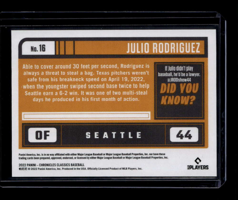 2022 Panini Chronicles Classics Red 16 Julio Rodriguez Rookie 38/100