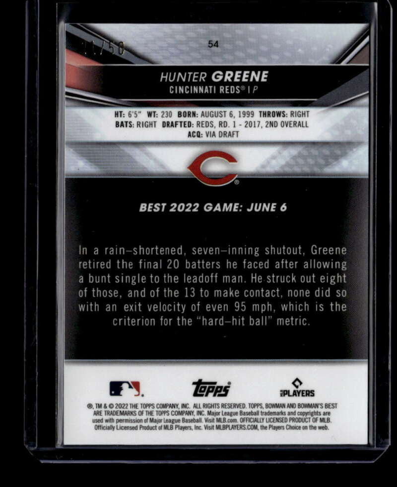 2022 Bowman's Best Gold Refractor 54 Hunter Greene Rookie 21/50