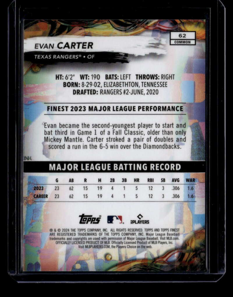 2024 Finest Black Refractor 62 Evan Carter Rookie 1/20 Common