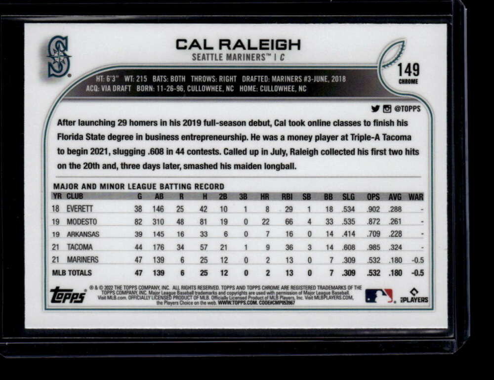 2022 Topps Chrome Prism Refractor 149 Cal Raleigh Rookie