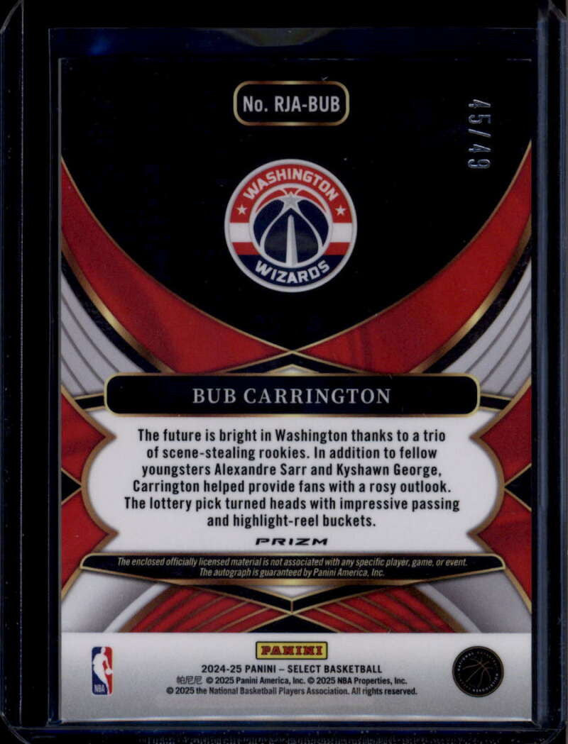 2024-25 Select Rookie Autographs Blue Prizms Bub Carrington RC Patch Auto 45/49
