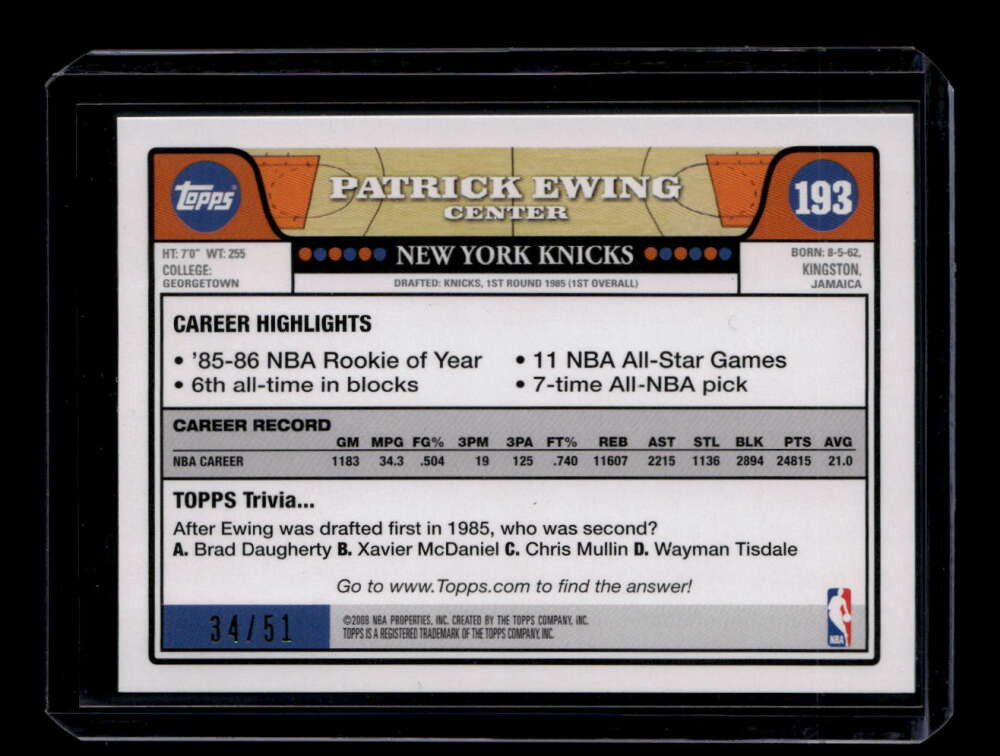 2008-09 Topps Black 193 Patrick Ewing 34/51