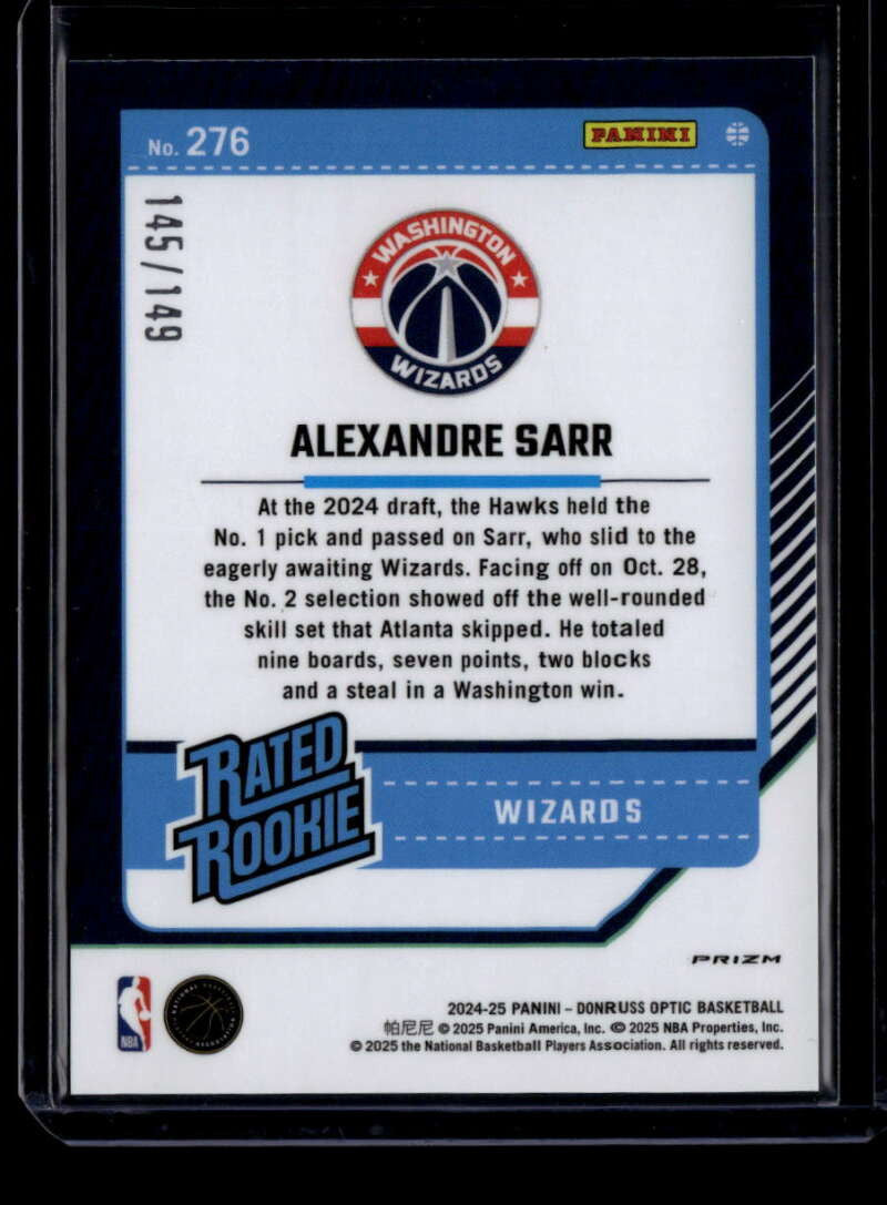 2024-25 Donruss Optic Red Seismic 276 Alexandre Sarr RR Rated Rookie 145/149