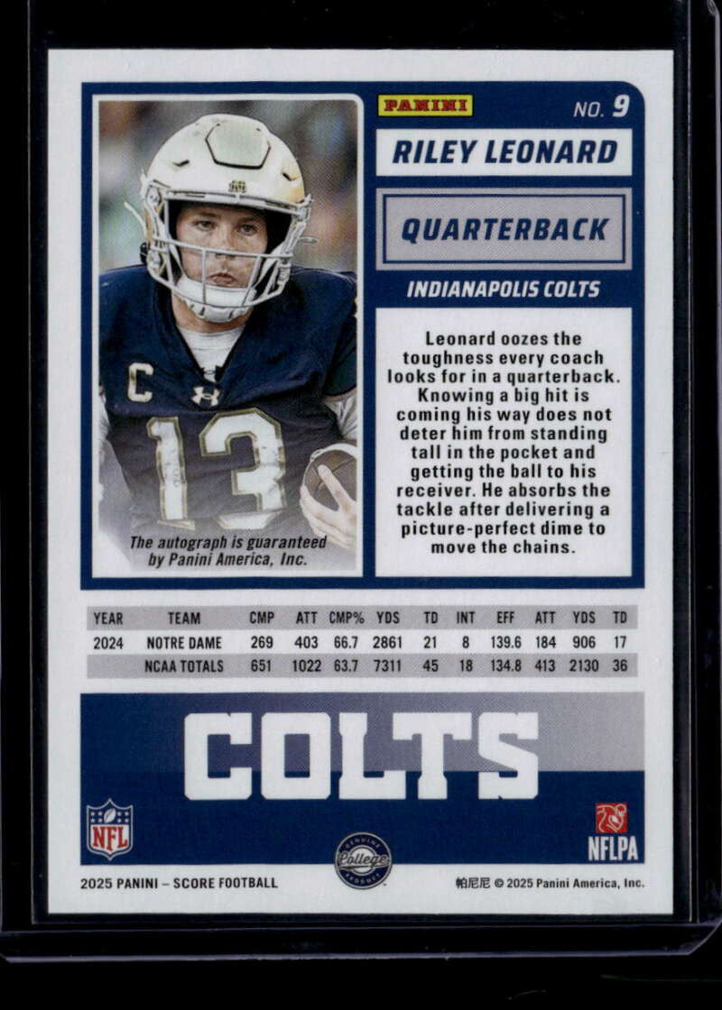 2025 Score Rookie Signatures 9 Riley Leonard Rookie Auto