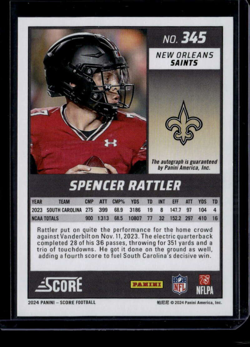 2024 Score Signatures End Zone 345 Spencer Rattler Rookie Auto 5/6