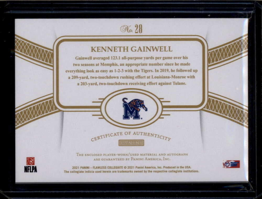 2021 Panini Flawless Collegiate Sapphire 28 Kenneth Gainwell RC Patch Auto 1/15