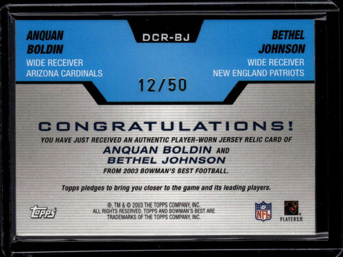 2003 Bowman's Best Double Coverage Jerseys Johnson Boldin RC Dual Jersey 12/50