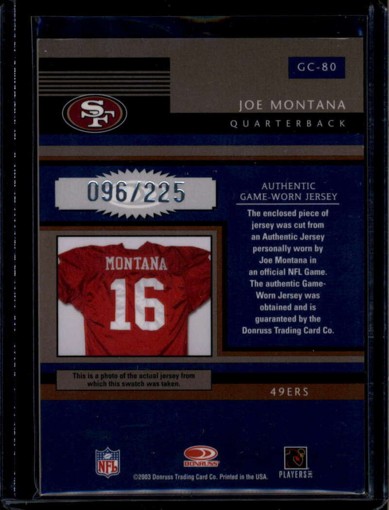 2003 Gridiron Kings Gridiron Cut Collection gc80 Joe Montana Jersey 96/225