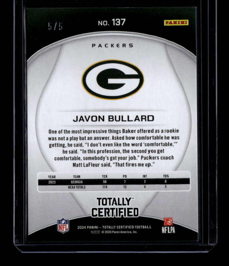 2024 Totally Certified Mirror Platinum Green 137 Javon Bullard Rookie 5/5