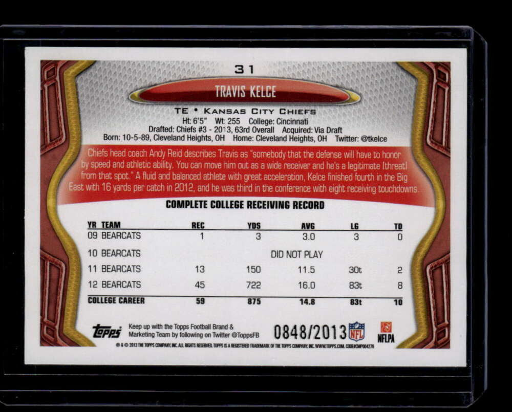 2013 Topps Gold 31 Travis Kelce Rookie 848/2013