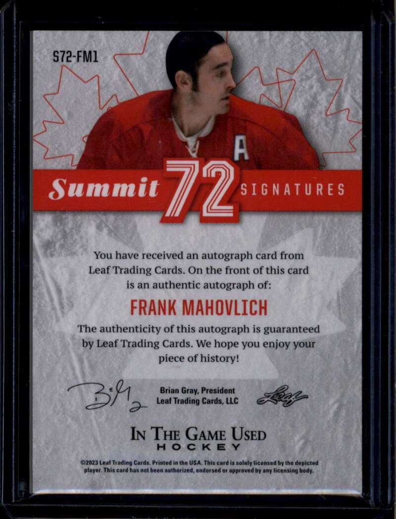 2022-23 ITG Used Summit '72 Signatures Purple s72fm1 Frank Mahovlich Auto 35/35