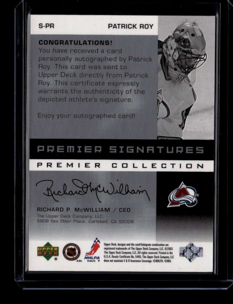 2002-03 UD Premier Collection Signatures Silver SPR Patrick Roy Auto 62/125