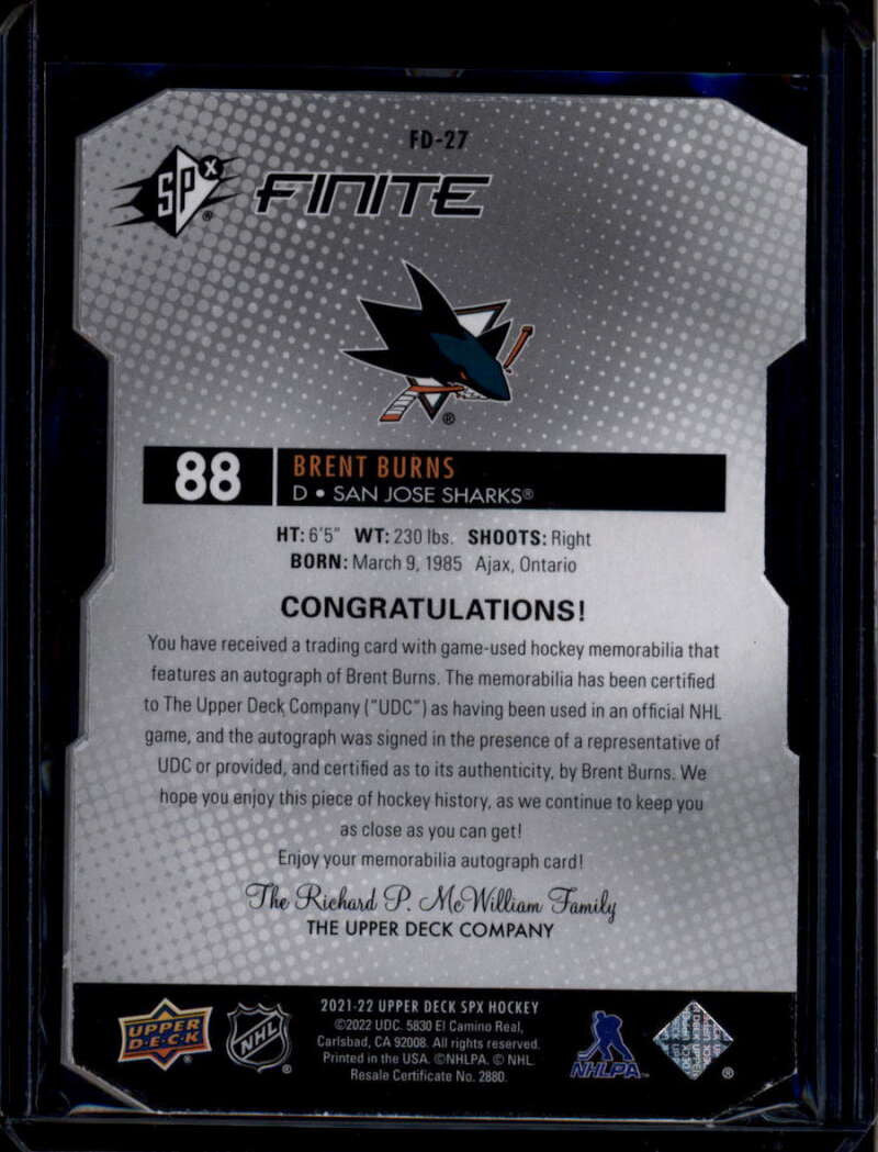 2021-22 SPx Finite Die-Cuts Autographs Achievement Brent Burns Patch Auto 1/1