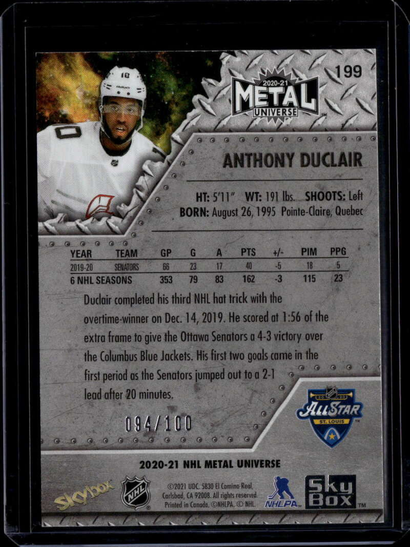 2020-21 Metal Universe Precious Metal Gems Red 199 Anthony Duclair AS 94/100