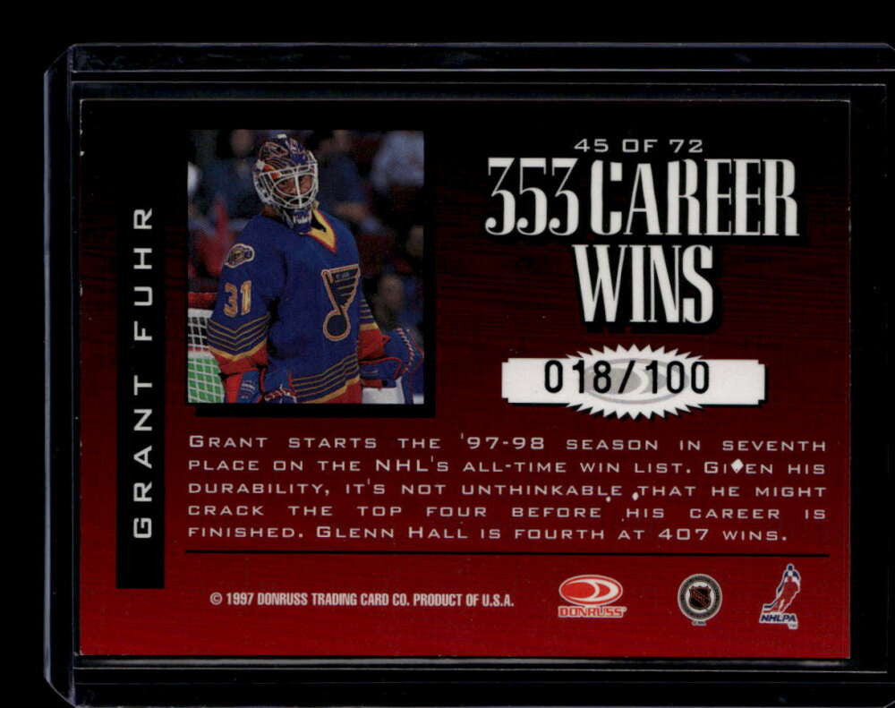1997-98 Donruss Limited Fabric of the Game 45 Grant Fuhr L 18/100 Legendary