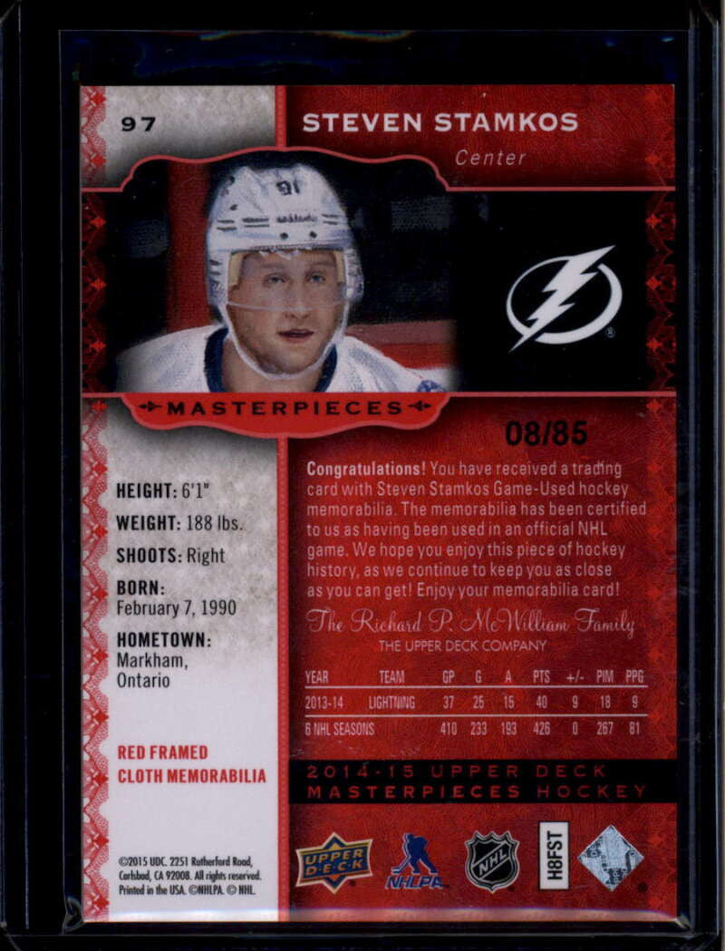 2014-15 UD Masterpieces Memorabilia Framed Red Cloth Steven Stamkos Jersey 8/85