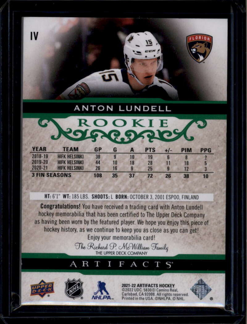 2021-22 Artifacts Materials Emerald IV Anton Lundell RC Dual Jersey Patch 23/99