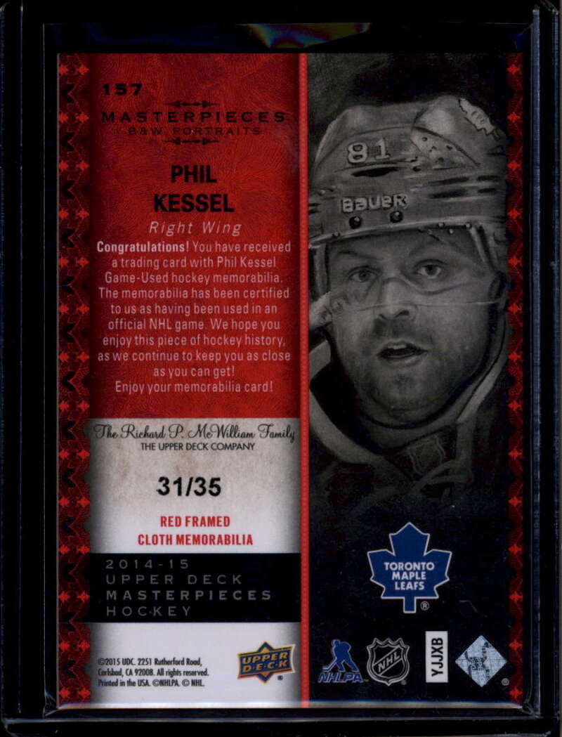 2014-15 UD Masterpieces Memorabilia Framed Red Cloth Phil Kessel Jersey 31/35