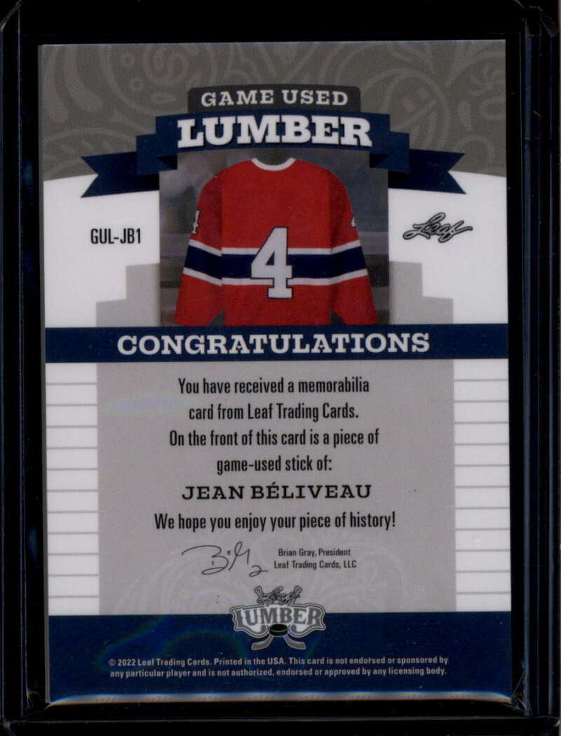 2021-22 Leaf Lumber Game Used Lumber Purple guljb1 Jean Beliveau Stick 8/9