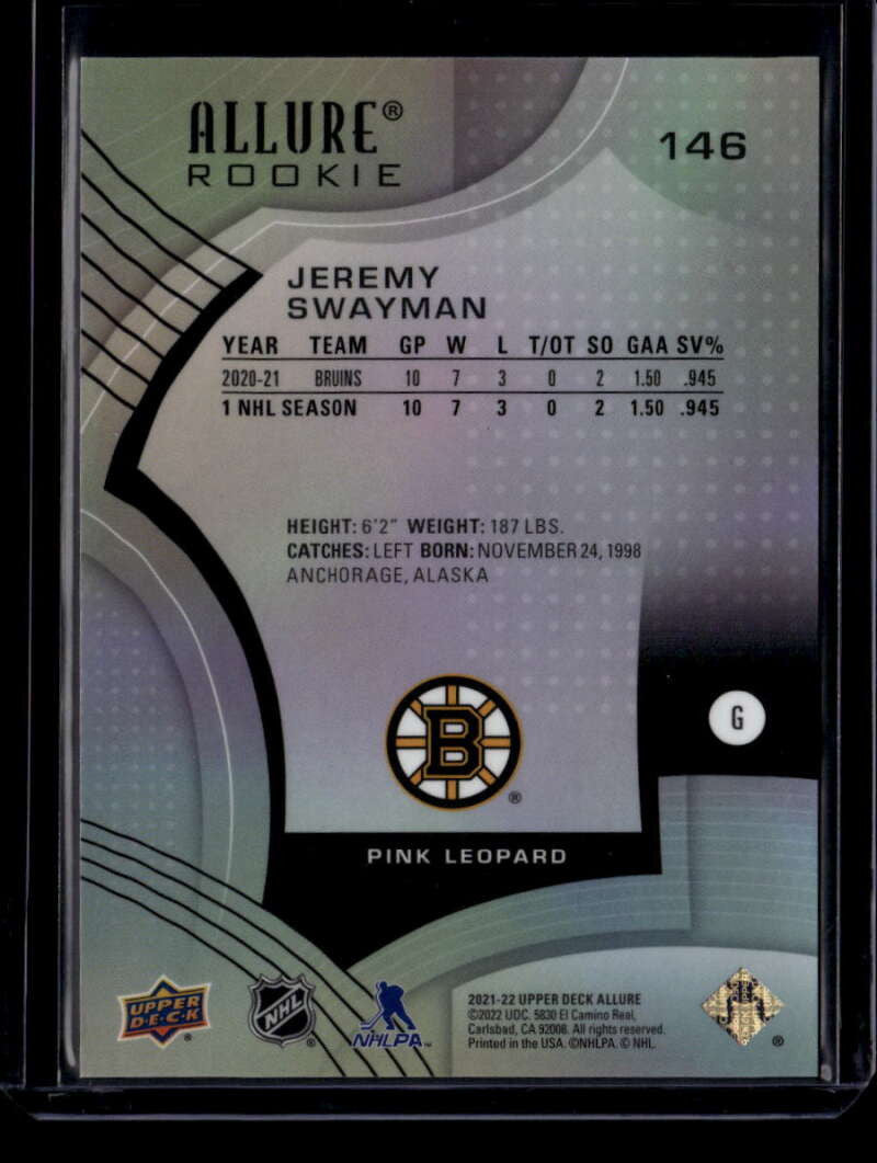 2021-22 Upper Deck Allure Pink Blue Leopard 146 Jeremy Swayman Rookie