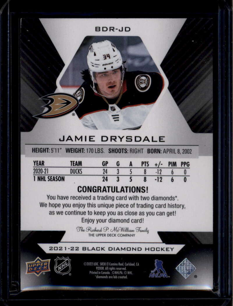 2021-22 Black Diamond Relics Sapphire BDRJD Jamie Drysdale Dual Rookie 3/9