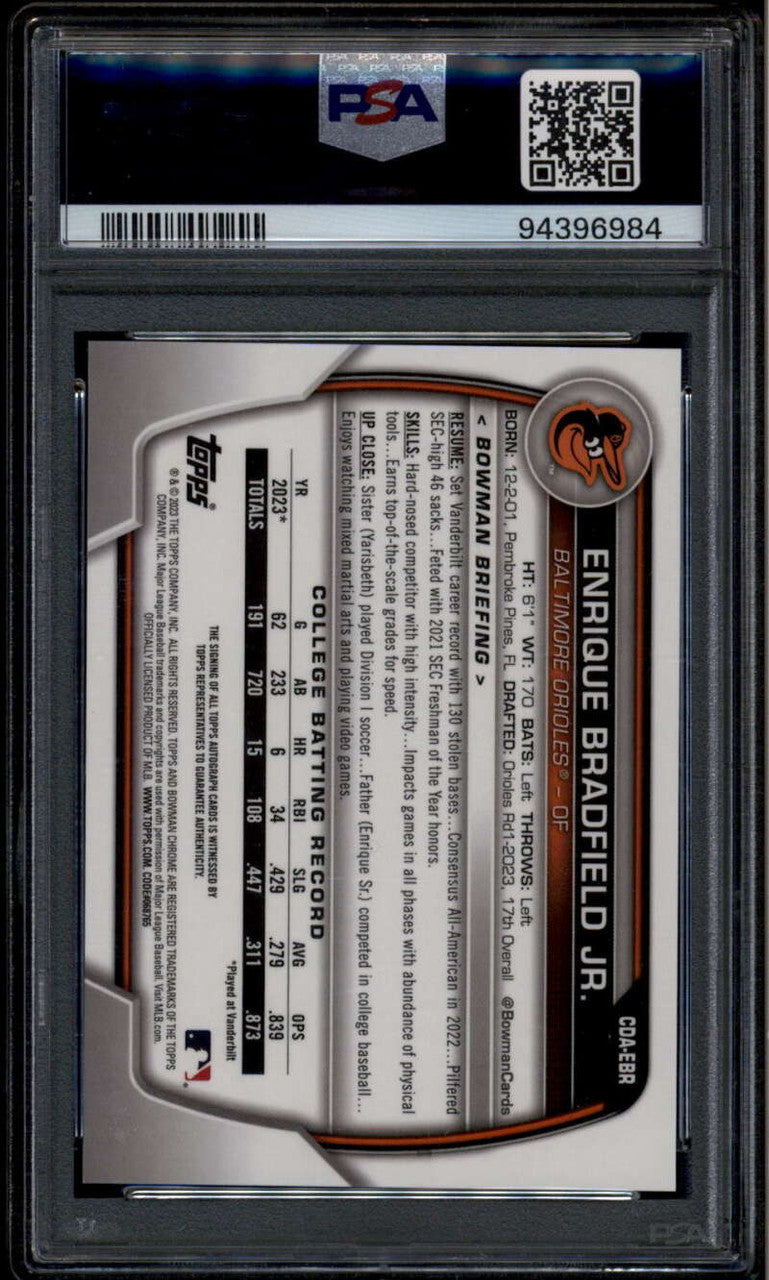 2023 Bowman Chrome Draft Autographs CDAEBR Enrique Bradfield Jr. RC Auto PSA 9