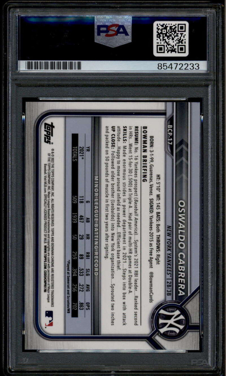 2022 Bowman Chrome Oswaldo Cabrera RC PSA/DNA Certified Authentic Auto 85472233