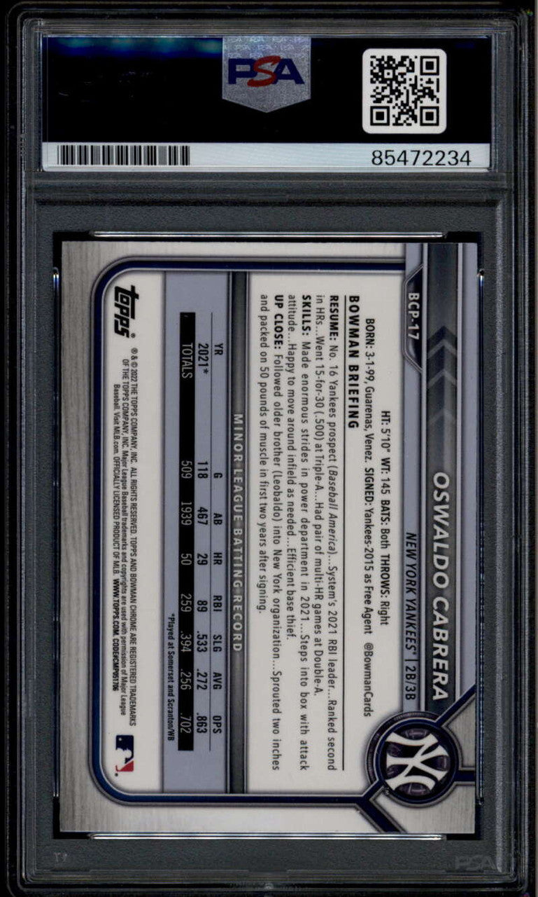 2022 Bowman Chrome Oswaldo Cabrera RC PSA/DNA Certified Authentic Auto 85472234