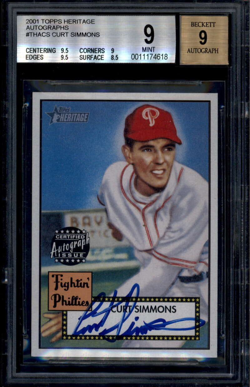 SOLD 175934 2001 Topps Heritage Autographs THACS Curt Simmons Auto BGS 9 MINT 10