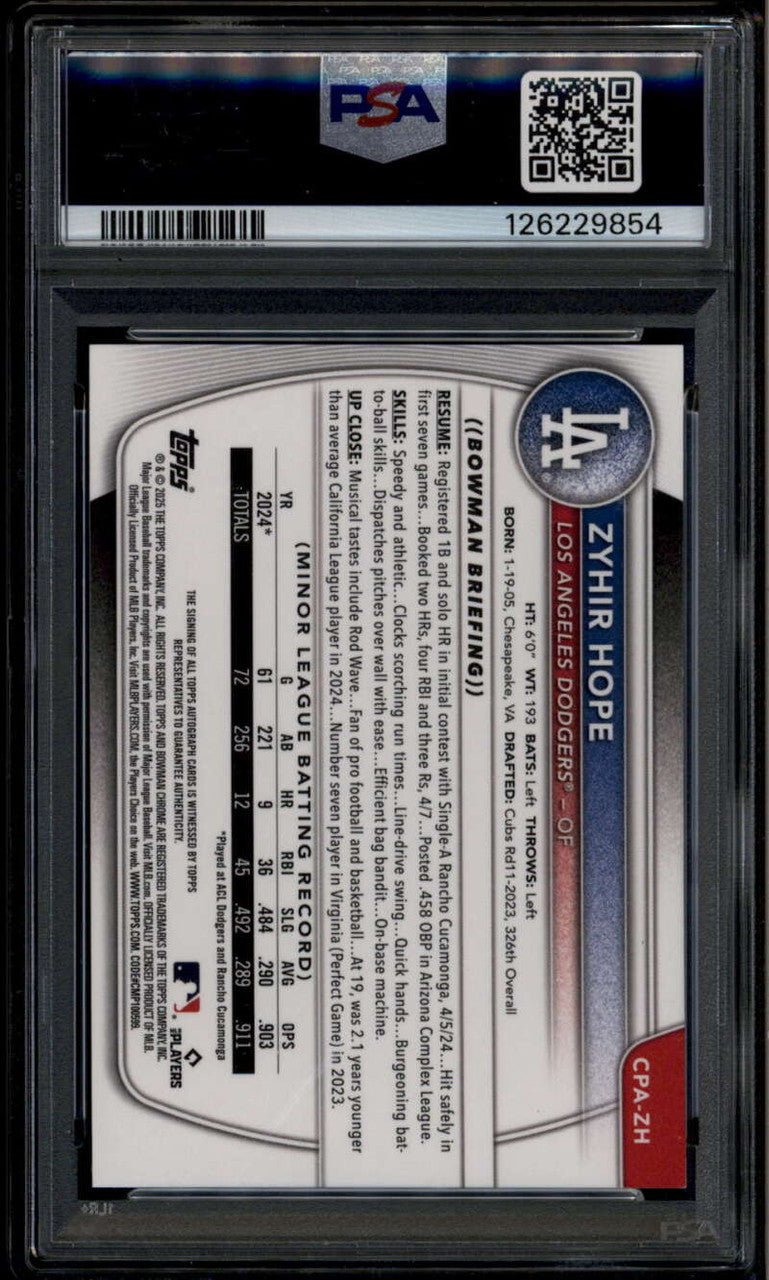 2025 Bowman Chrome Autographs Gold Refractor Zyhir Hope Rookie Auto 30/50 PSA 9