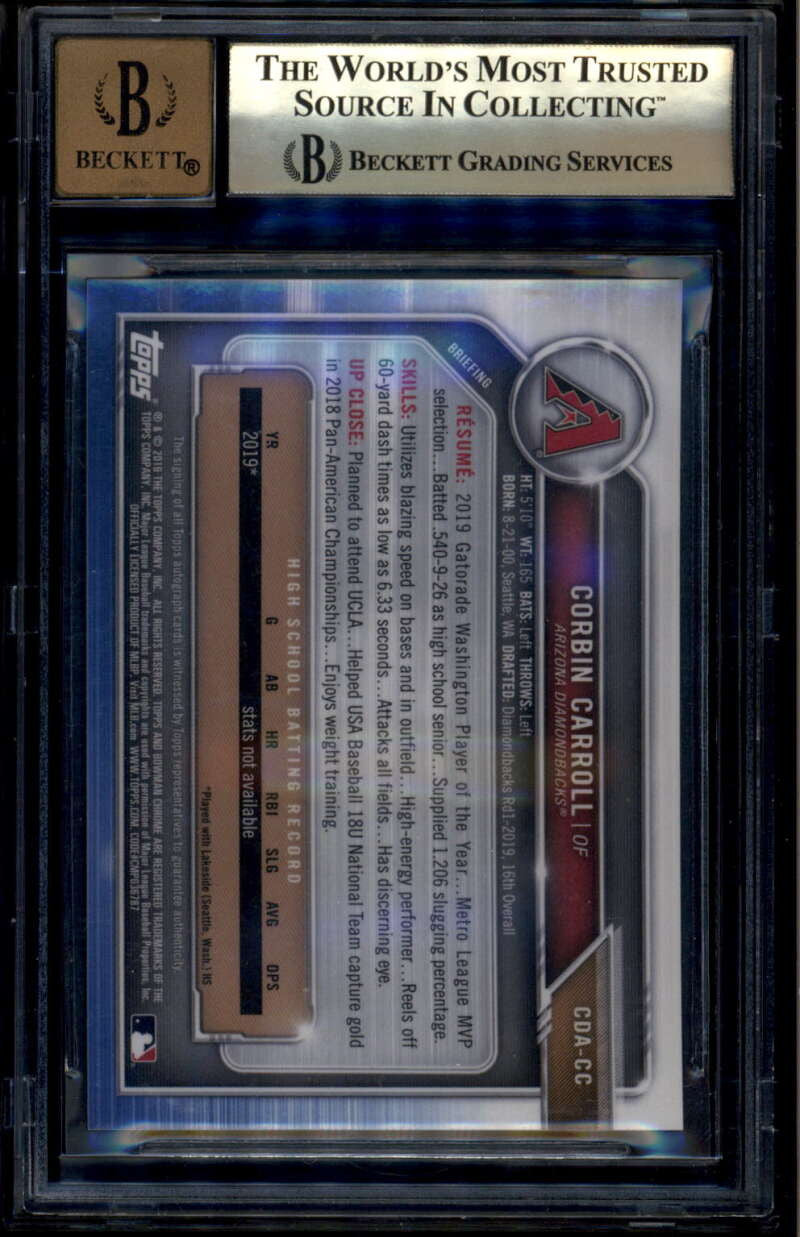 2019 Bowman Chrome Autographs Black Refractor Corbin Carroll RC Auto /75 BGS 9.5
