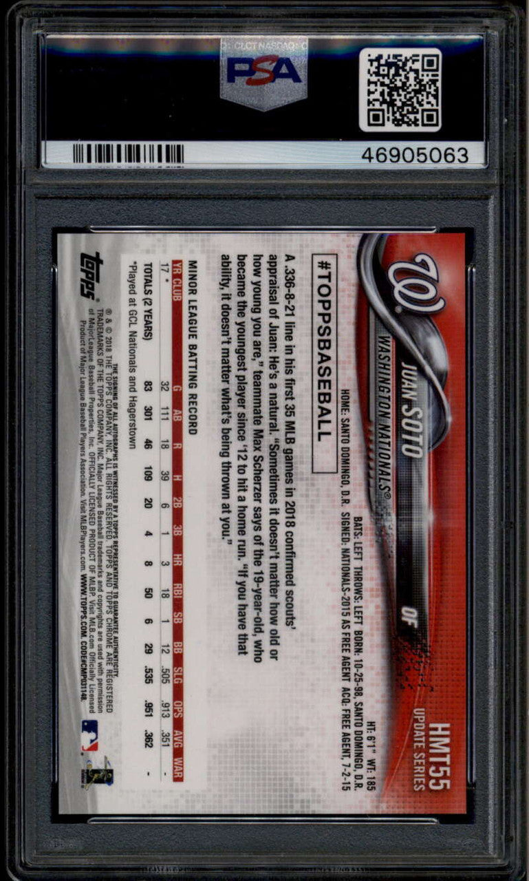 2018 Topps Chrome Update Autograph Refractor hmt55 Juan Soto RC Auto PSA 10 GEM