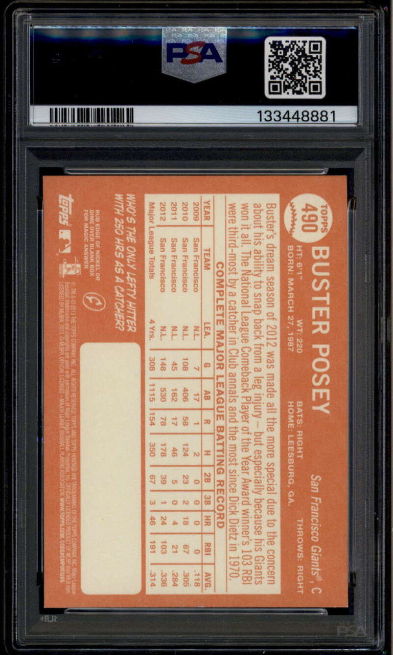 2013 Topps Heritage 490c Buster Posey No Hat Color Variation SP PSA 9 MINT