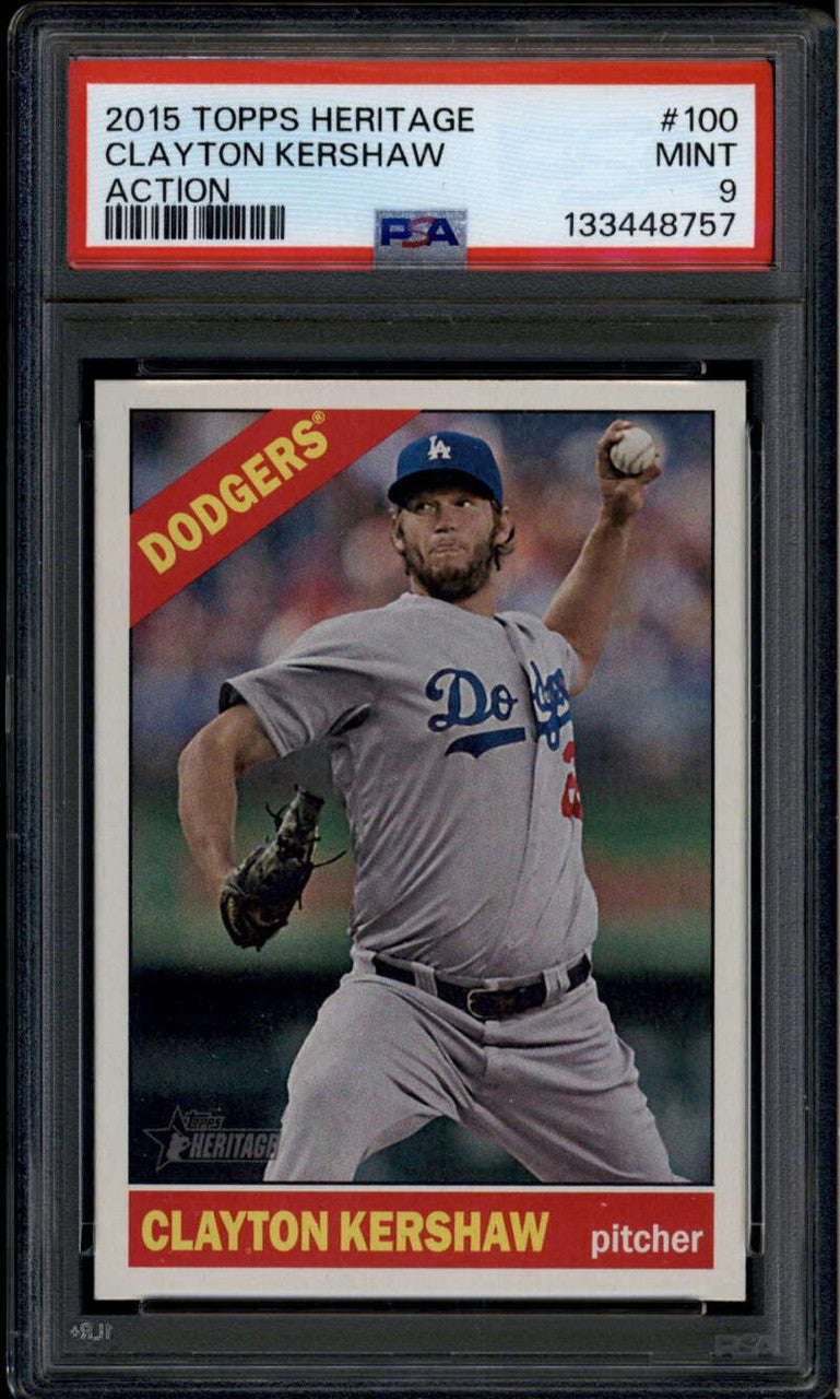 SOLD 175986 2015 Topps Heritage 100b Clayton Kershaw Action SP PSA 9 MINT