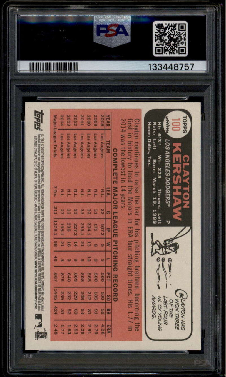 SOLD 175986 2015 Topps Heritage 100b Clayton Kershaw Action SP PSA 9 MINT