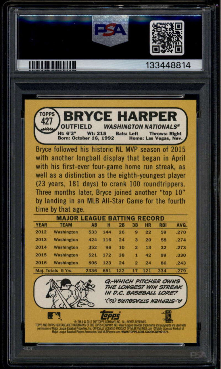 2017 Topps Heritage 427b Bryce Harper Action SP PSA 9 MINT