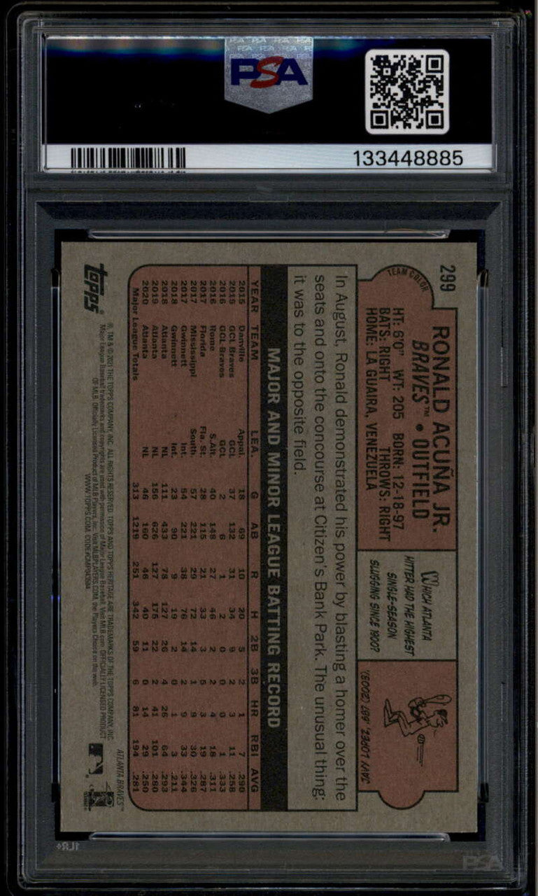 2021 Topps Heritage Team Color Swap Variations 299 Ronald Acuna Jr. SP PSA 9
