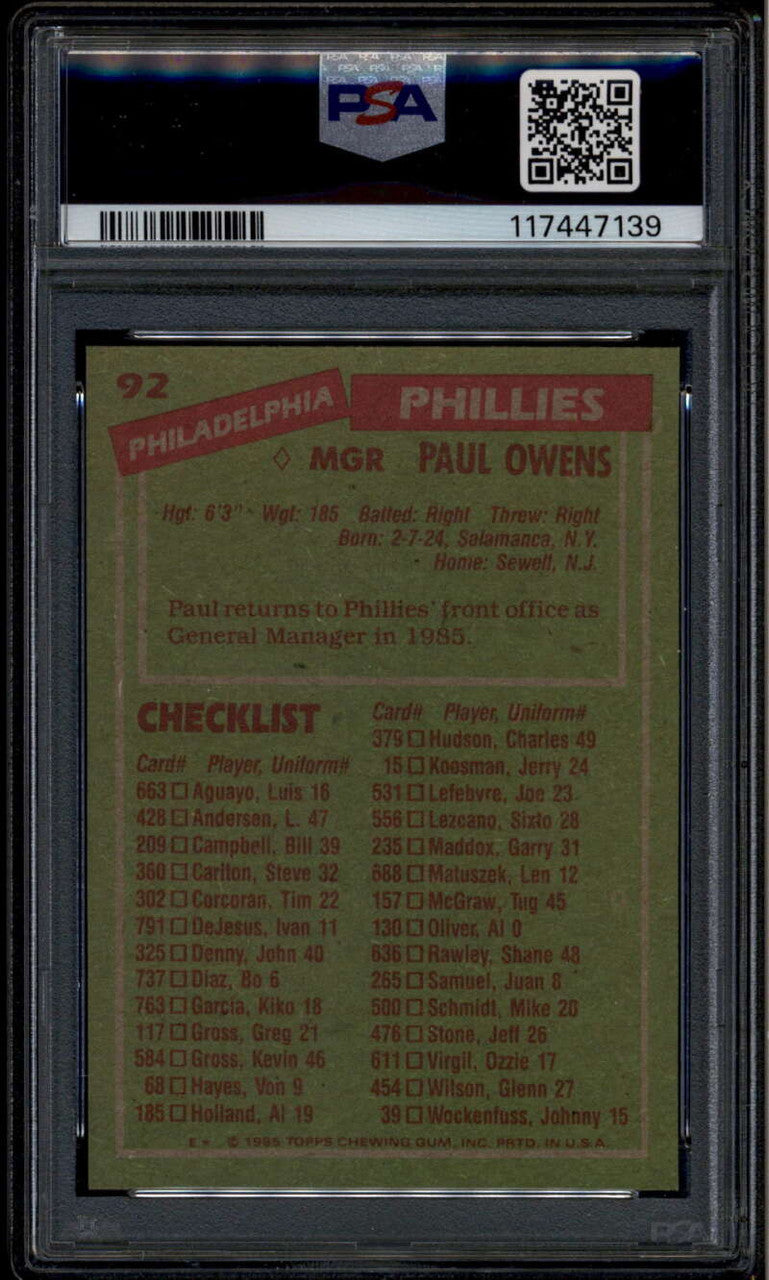 1985 Topps 92 Paul Owens MG Manager PSA 10 GEM MT